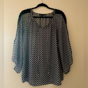 B&W patterned sheer peasant top, 3/4 sleeves with macrame detail